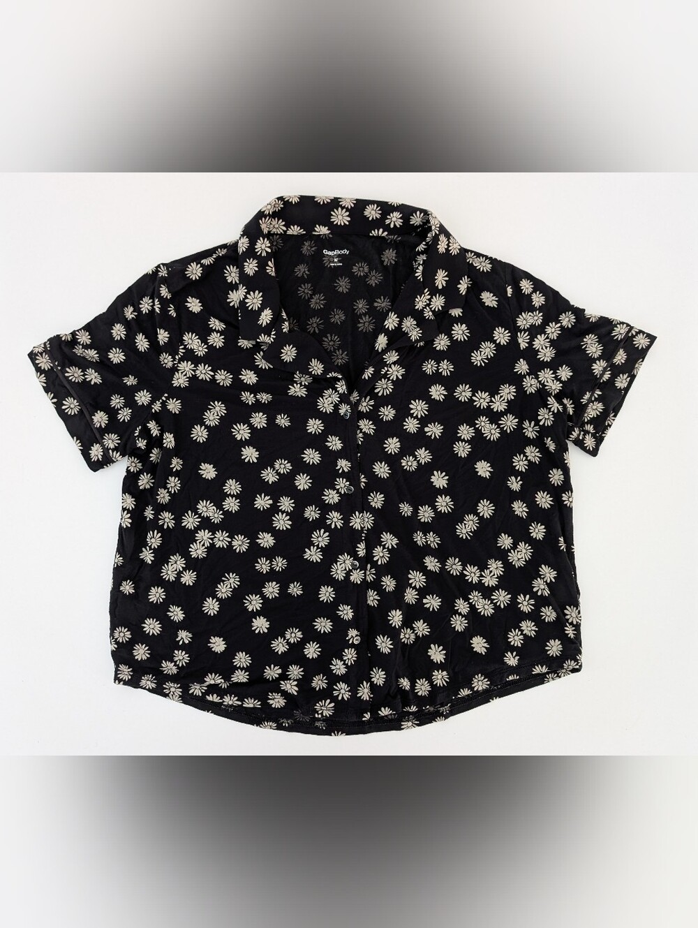 Gap Body Pajama Shirt Women M Black Daisy-Print Classic Collar Button Front Top